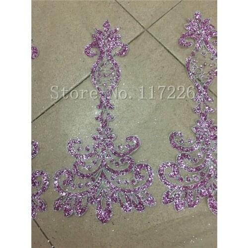 JRB-61923 glued light purple glitter gold mesh glitter lace trim for evening dress special hand print glued glitter lace fabric