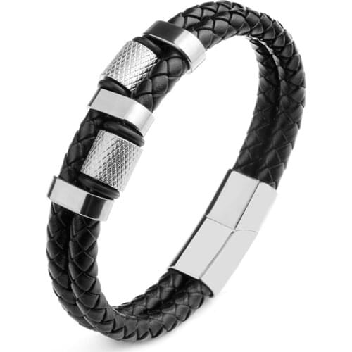 Double Layers Leather Bracelet Stainless Steel Magnetic Clasp Charm Simple Fashion Punk Accessories For Male