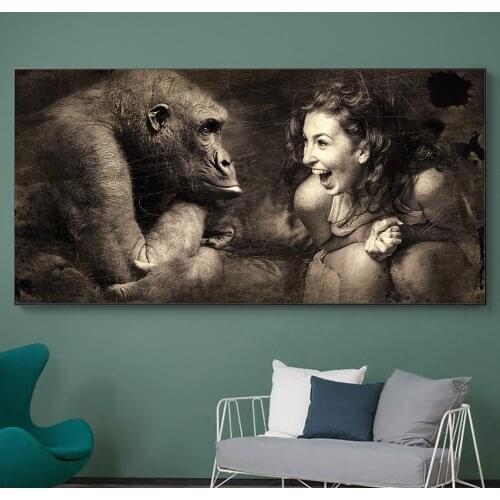 Beauty and Orangutan Happy Conversation Abstract Black and White HD Print Canvas Painting Wall Art The Beast Pictures Home Decor