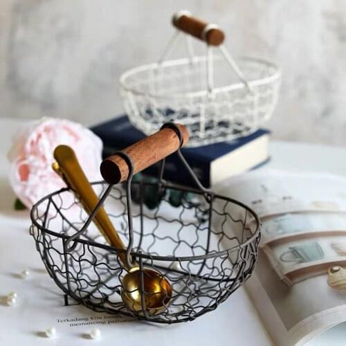 Wrought Iron Basket With Solid Wood Handle Simple Durable Fruit Vegetable Drain Basket Multi-function Sundries Clothes Storage