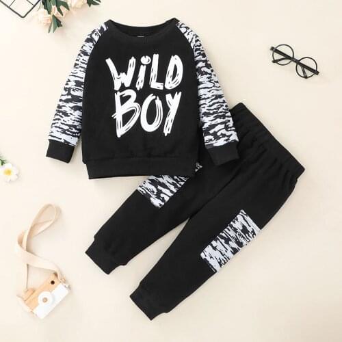 18M-6Y Toddler Boy 2Pcs Autumn Outfits Letter Print Long Sleeve Pullover and Elastic Waist Long Pants Children Clothes Set