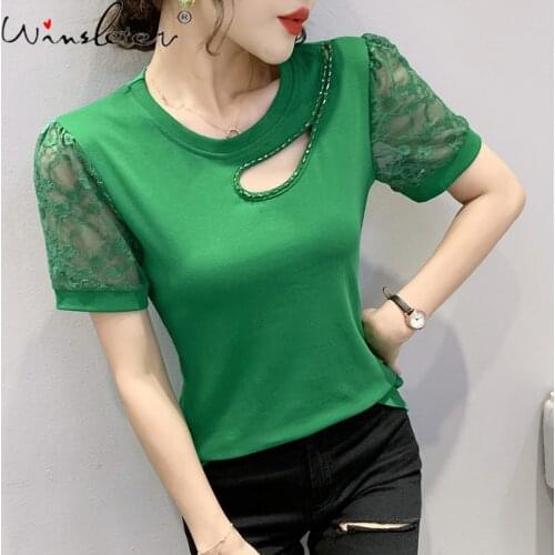 Summer European Clothes Cotton T-Shirt Sexy O-Neck Hollow Out Beads Women Tops Short Patchwork Lace Sleeve Tees New 2021 T15401A