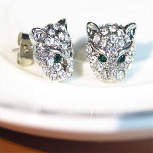 Leopard Head Rhinestone Crystal Earrings Animal Stud Ear Jaguar Cat Silver Colour Ear Earrings Stud
