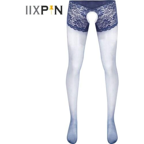 Mens Lingerie Open Crotch Erotic Pants Pantyhose Underwear Lace Patchwork Glossy Thin Footed Tights Stockings Sissy Nightwear