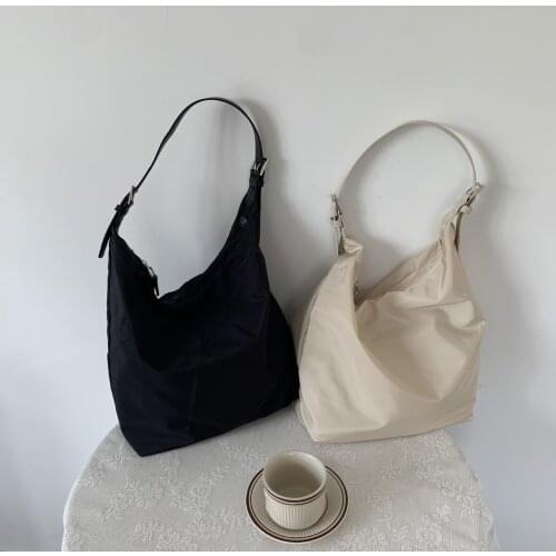 Nylon Shoulder Bag Large Capacity Handbag Shopping Bucket Bag Pure Color Simple Art
