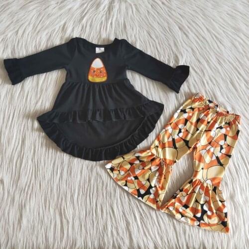 2020 New Fall Winter RTS Halloween Baby Girls 2Pcs Kids Boutique Outfits Candy Embroidery Long Sleeve Top+Candy Bell Pants