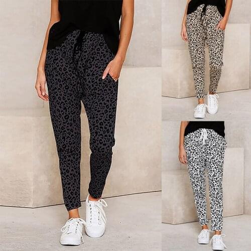 Autumn Ladies Casual Fitness Trousers Leopard Printed Lace Up Straight Pants Fashion Pockets Female Full Pants