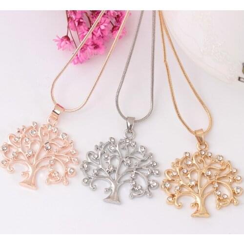 New Alloy Inlaid Rhinestone Life Tree Pendant Necklace Summer Selling Wishing Tree Clavicle Chain