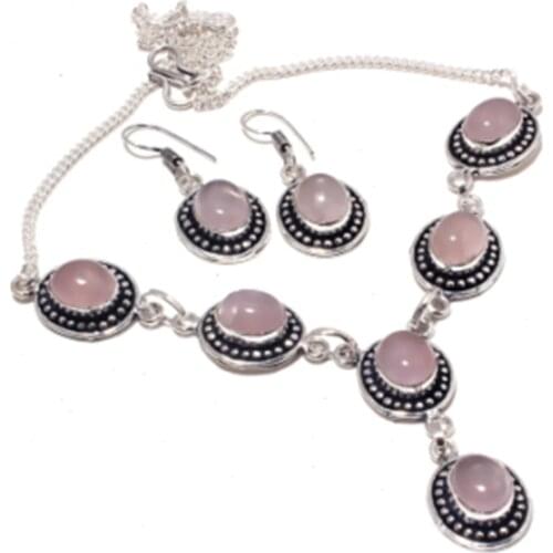 Rose Quarts Necklace + Jewelry Set Silver Overlay over Copper , 48.1 cm, N4380