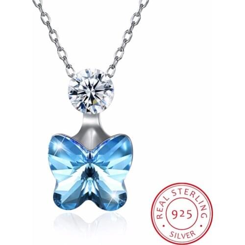 Lekani Crystals From Swarovski Necklace Women Pendants S925 Sterling Silver Jewelry Blue Pink Butterfly Austrian Rhinestone New