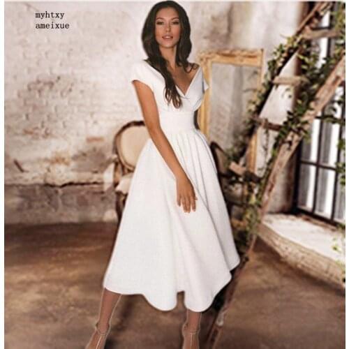 Sexy Elegant Tea Length V-neck Simple Wedding Dress 2021 Off The Shoulder A-line Bridal Gowns In Jersey With Pleats At The Back