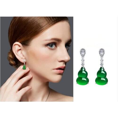 Genuine 925 silver inlaid gemstone natural ice species emerald chalcedony gourd Earrings