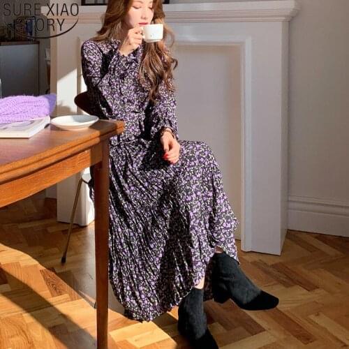 Floral Print Chiffon Dress High Waist Vintgae Dress Purple Long Flare Sleeve Pleated Dresses Ruffled Midi Long Dresses 14153