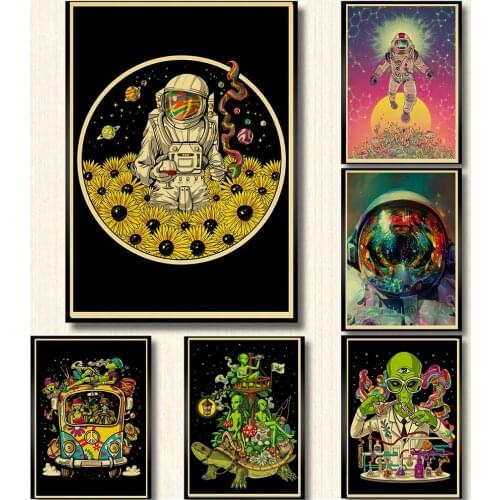 Trend Alien Space Astronaut Psychedelic Poster Personality Retro Kraft Paper Home Study Room Living Room Bar Picture Wall Decor