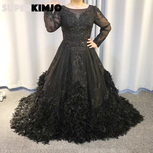 SuperKimJo Luxury Ball Gown Prom Dresses 2020 Feather Lace Applique Beaded Black Prom Gown Real Photo Vestidos De Graduacion