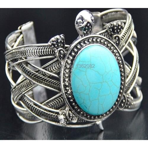 Tibetan Silver Fashion Girl Womens Lucky Sea Turtles Stone Cuff Bangle Bracelets Gift MB121