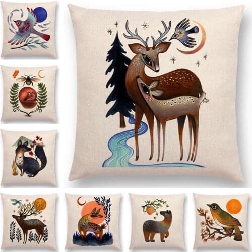 Retro Mystery Watercolor Art Totem Sofa Pillow Case Animals Deer Bear Bird Fish Fox Owl Snake Rabbit Heron Bee Cushion Cover