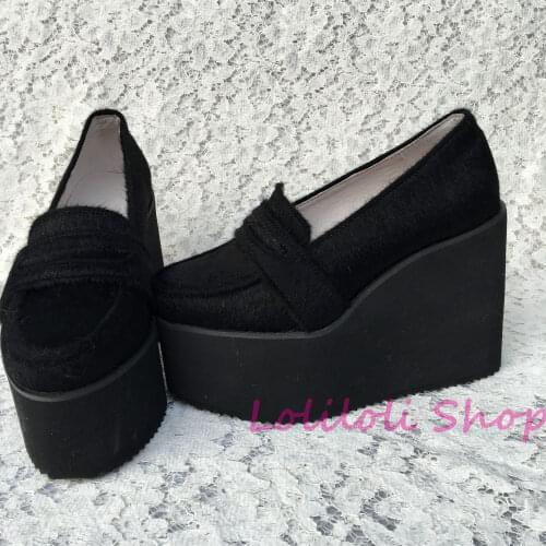 Princess sweet lolita shoes Lolilloliyoyo antaina Japanese design thick bottom black horsehair skip-on flat platform shoes 5134s