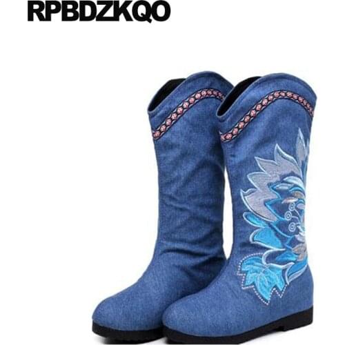 Embroidery Flat Wedge Blue Slip On Women Boots Winter 2017 Shoes Mid Calf Embroidered Fur Cheap Round Toe Retro Ladies New