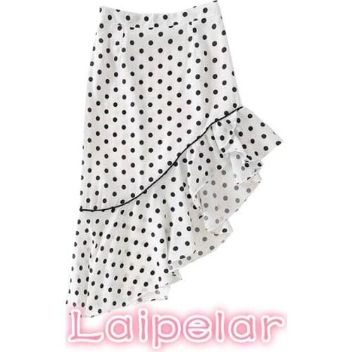 High waist skirts womens black white dots ruffle skirt beach summer asymmetric korean fashion streetwear long skirt femme