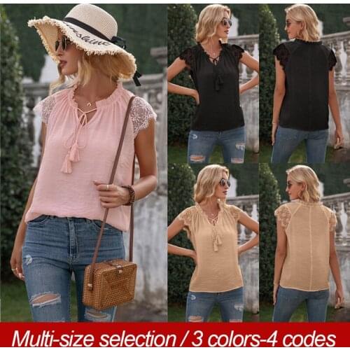 2021 Summer New Style Womens Clothing Fashion Casual Hollow Lace Stitching Lace V-Neck Large Size T Short Sleeve Ladies Shirt