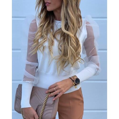 Office Lady Women Shirt Office Mesh Tulle Long Sleeve Blouses Puff Sleeve O Neck Shirts Casual Slim Blouses Black White Tops