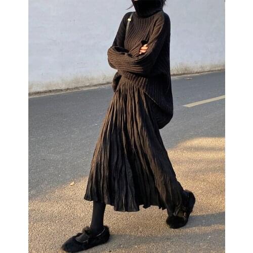 2021 Autumn Winter Wrinkled Black Pleated Skirt Women Korean Style Casual High Waisted A-Line Long Skirts Midi falda plisada