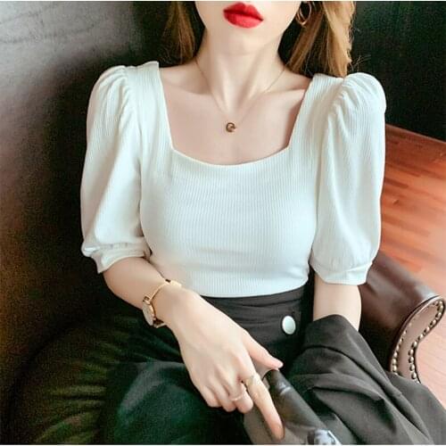 2021 Summer T Shirt Women Top Short Puff Sleeve Tees Square Collar Knitted Ribbed Tee Shirts Femme Slim Elastic Solid Tops