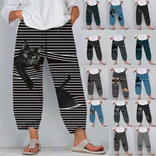 Women Pants 3D Cat Animal Printed Pirate High Waist Pants Stripe Casual Pant Women Sweatpants Harajuku Cartoon Cropped trousers