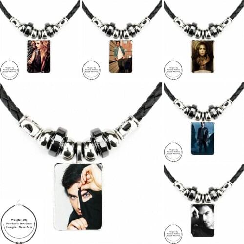 Glass Cabochon Jewelry Black Leather Bead Pendant Necklace For Lovers Best Friendship The Vampire Diaries Ian Somerhalder