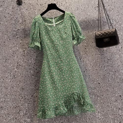 Plus size fashion womens floral dress 2021 summer new style square neck puff sleeve loose casual western-style dress