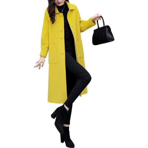 Women Wool Long Coat 2021 Autumn Winter Lapel Long Sleeve Woolen Coats Office Ladies Solid Slim Overcoat Outwear Abrigo QQ088