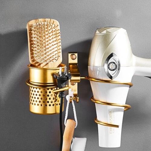 Gold Hair Dryer Holder Aluminium Wall Mounted Shelf Hairdryer Rack with Cup Basket Bathroom Accessories Home Organizer Shelves