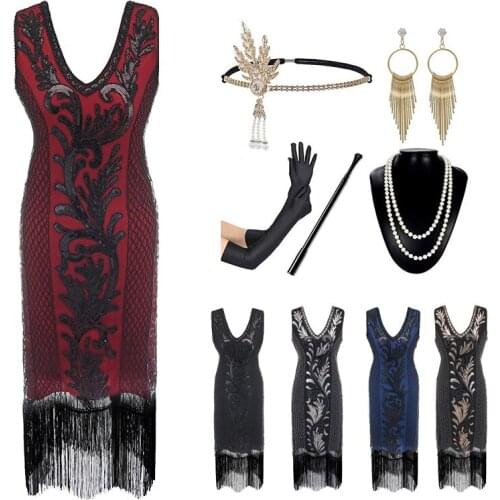 1920s Retro Sequin Sleeveless V-Neck Great Gatsby Dress Vintage Fringe Clothes Latin Dance Competition Stage Costumes DQL4962
