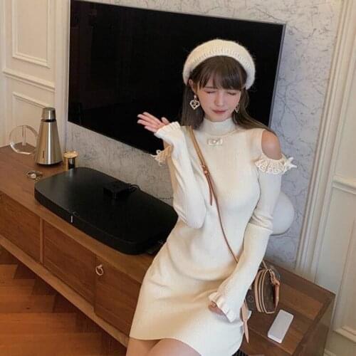2021 Women Knit Round Neck Solid Color Long Sleeve Off The Shoulder Fashion Slimming Mini Dress Streetwear Vestidos Y272