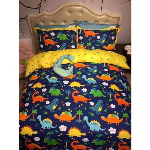 Blue colorful Dinosaur 4Pcs 100% Cotton Queen size Lovely Cartoon Bedding set Animal Duvet Cover Set Bed sheet Pillowcase fish