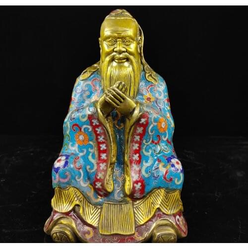 9"Tibet Temple Collection Old Bronze Cloisonne Filigree Enamel Confucius statue saint Confucius Institute Ornaments Town House