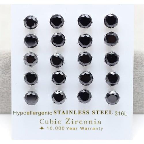 ASONSTEEL Fashion 10 pairs/lot Stainless Steel Stud Earrings with Black Cubic Zirconia for Women 3-10mm Wholesale Jewelry