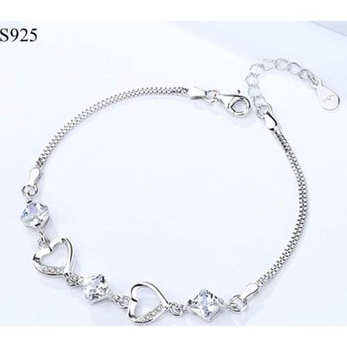 Real Genuine Pure Solid 925 Sterling Silver Bracelet Bangles for Women Jewelry Purple Cubic Zircon Heart Female Hand Wristband