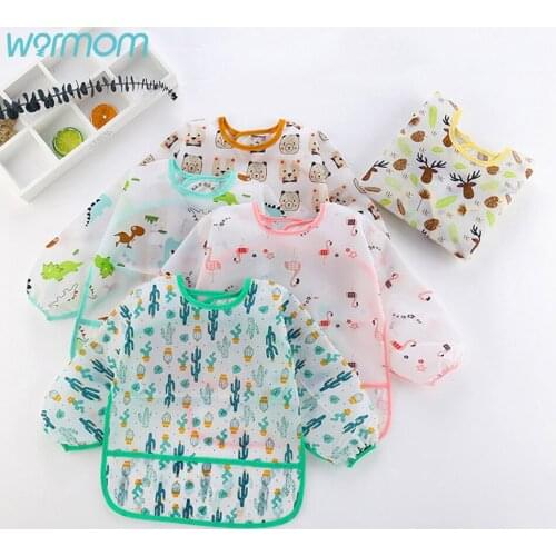 Warmom Baby Bandana Bibs Cute Cartoon Bibs Waterproof Infant Eating Children Drawing Long Sleeve Apron Baby Self Feeding Cloths
