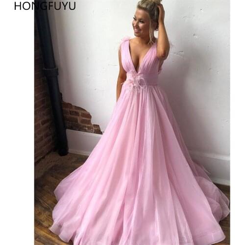 HONGFUYU Organza A-line Pink Prom Evening Dresses Ruched Deep V Neck vestidos largos de fiesta Flower Appliques Formal Dress