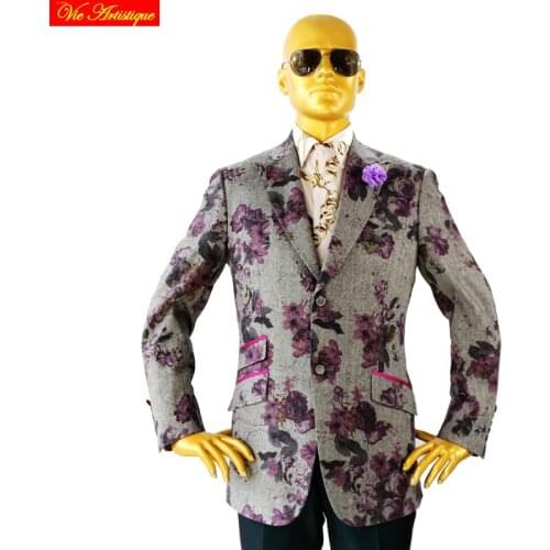 Custom tailor made Mens bespoke suits business designer wedding bespoke 2 piece suit(Jacket+Pants) grey floral wool slim fit 19