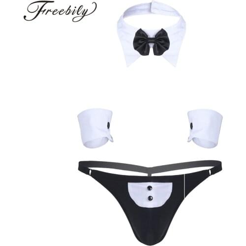 Mens Butler Waiter Lingerie Suit Open Back Tuxedo G-string Thong Underwear with Bow Tie Collar and Bracelets Sexy Costumes