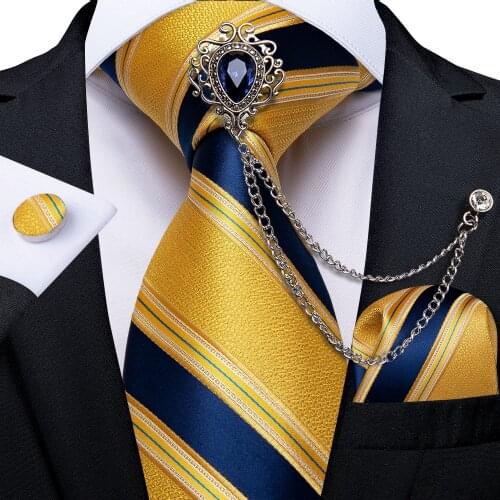 New Design Navy Blue Striped Yellow Mens Tie Set 100% Silk Necktie Handkerchief Business Cravat Accessories Ties Gifts DiBanGu