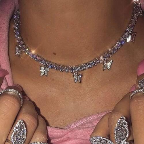 Iced Out Butterfly Necklace for Women Shiny Crystal Chain Pendant Necklace Choker Trendy New Rhinestone Jewelry Party Gift
