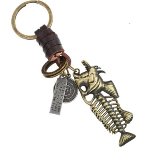 Punk Rock Hippie Fashion Keychain Alloy Fish Bones Pendants Retro Leather Holder Chain Bag Accessories Car Key Ring Jewelry Gift
