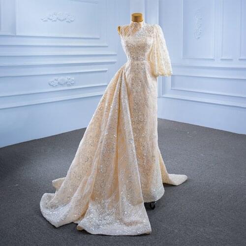 Champagne Luxury Wedding Dress Gorgeous High Neck Applique Print Pattern 2021 New One Shoulder Long Sleeve Gown