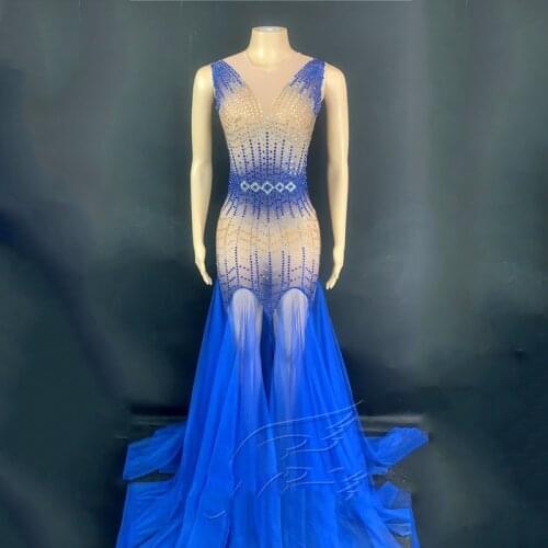 Sexy Shining Gold Blue Rhinestone Blue Mesh Slim Long Dress Pole Dancing Dresses Women Evening Stage Dresses Party Dress XS1166