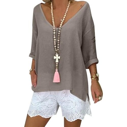 Women Casual Short Sleeve T-Shirts Summer Casual Blouse Top Solid Color Deep V Neck 3/4 Sleeve Loose T-shirt summer clothes