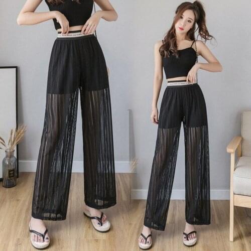 Womens Wide-Leg Pants 2021 High Waist Summer Korean Style Loose Hollow Out Pants Thin Elastic Waist Slim Pants